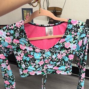 Floral Long Sleeve Crop Top - Pink and Blue